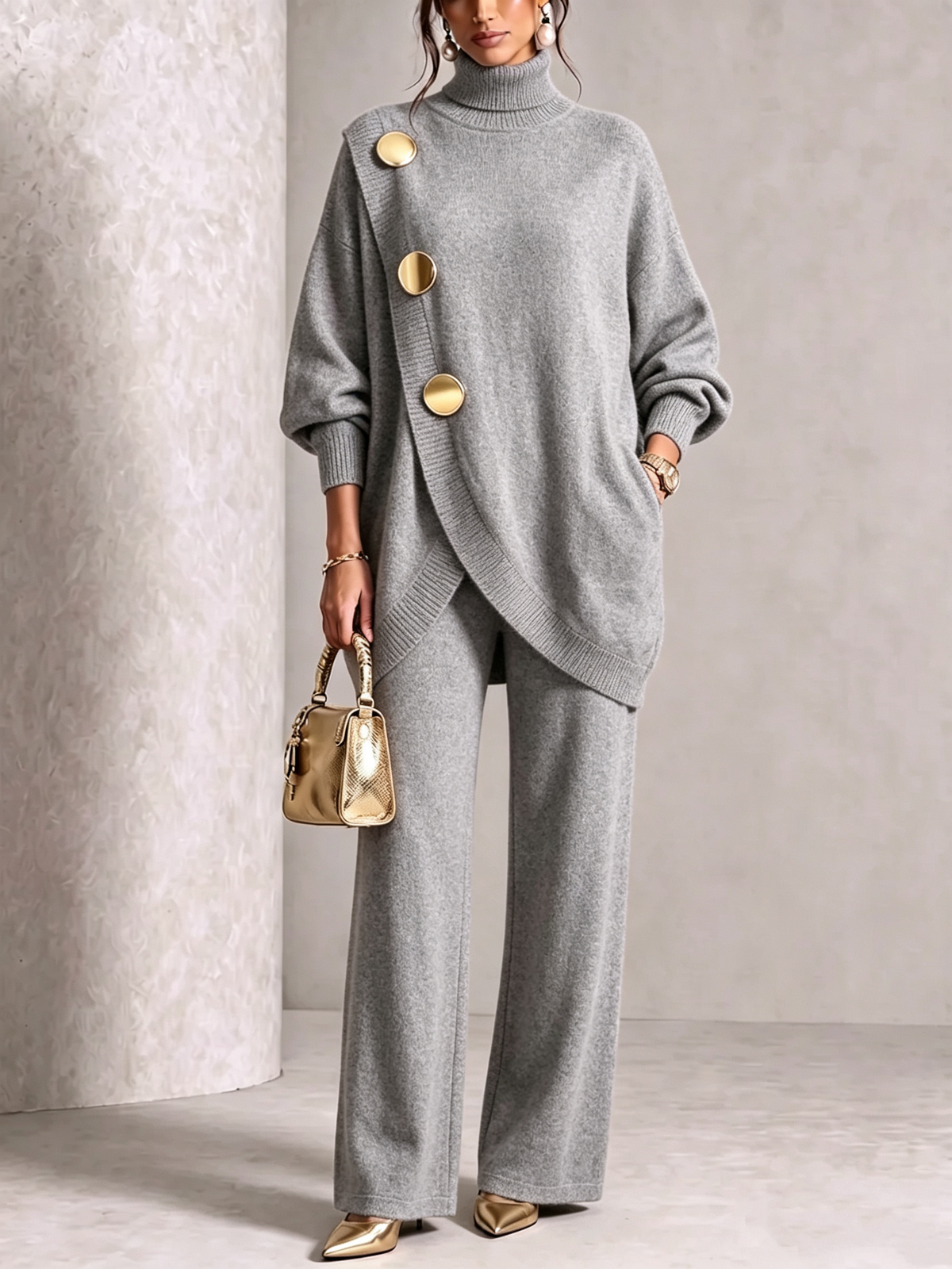 💥 Elegant Knit Asymmetrical Button Set