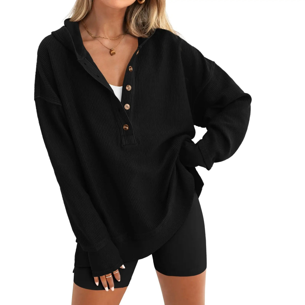 Women's Oversized Button V-Neck Hoodie Sweatshirt Long Sleeve Side Slit Casual Fall Pullover Top