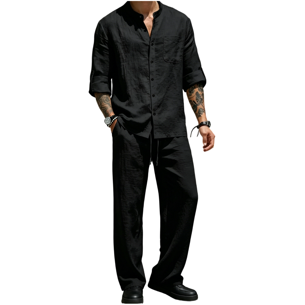 Men's Linen Stand Collar Long Sleeve Button Shirt & Straight Leg Belted Pants Set
