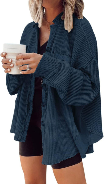 ✨ Women's Oversized Waffle Knit Shacket 🧶 – Batwing Sleeve Button Down Casual Shirt Jacket 🍂🤎
