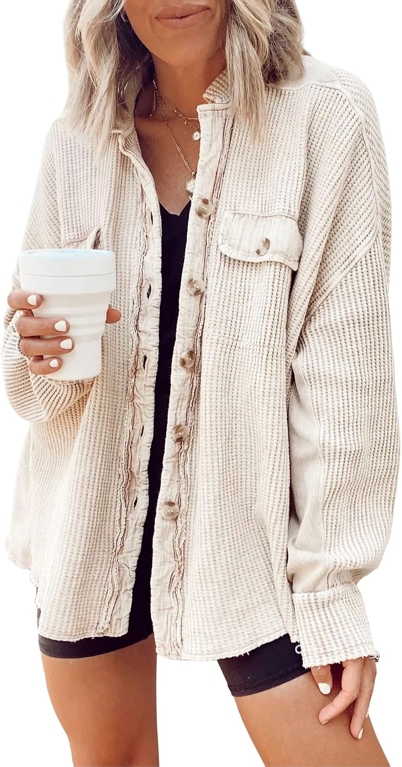 ✨ Women's Oversized Waffle Knit Shacket 🧶 – Batwing Sleeve Button Down Casual Shirt Jacket 🍂🤎