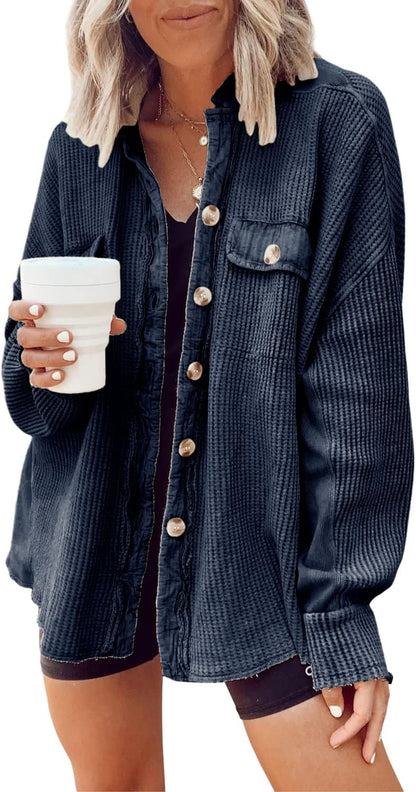 ✨ Women's Oversized Waffle Knit Shacket 🧶 – Batwing Sleeve Button Down Casual Shirt Jacket 🍂🤎
