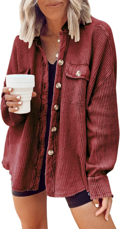 ✨ Women's Oversized Waffle Knit Shacket 🧶 – Batwing Sleeve Button Down Casual Shirt Jacket 🍂🤎