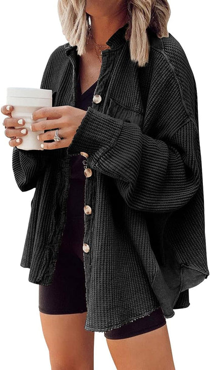 ✨ Women's Oversized Waffle Knit Shacket 🧶 – Batwing Sleeve Button Down Casual Shirt Jacket 🍂🤎