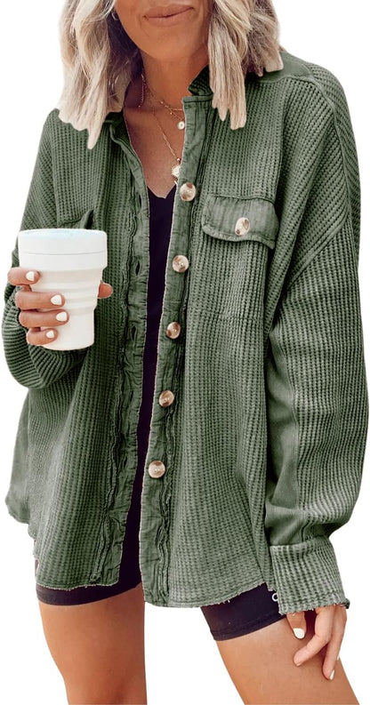 ✨ Women's Oversized Waffle Knit Shacket 🧶 – Batwing Sleeve Button Down Casual Shirt Jacket 🍂🤎
