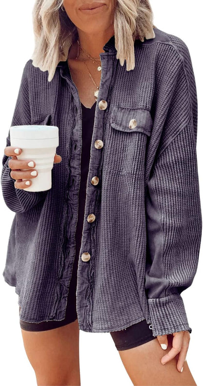 ✨ Women's Oversized Waffle Knit Shacket 🧶 – Batwing Sleeve Button Down Casual Shirt Jacket 🍂🤎