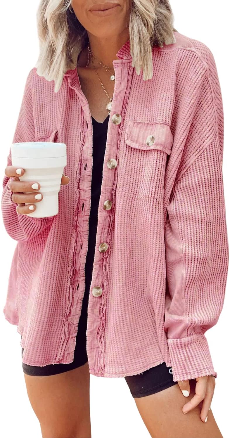 ✨ Women's Oversized Waffle Knit Shacket 🧶 – Batwing Sleeve Button Down Casual Shirt Jacket 🍂🤎