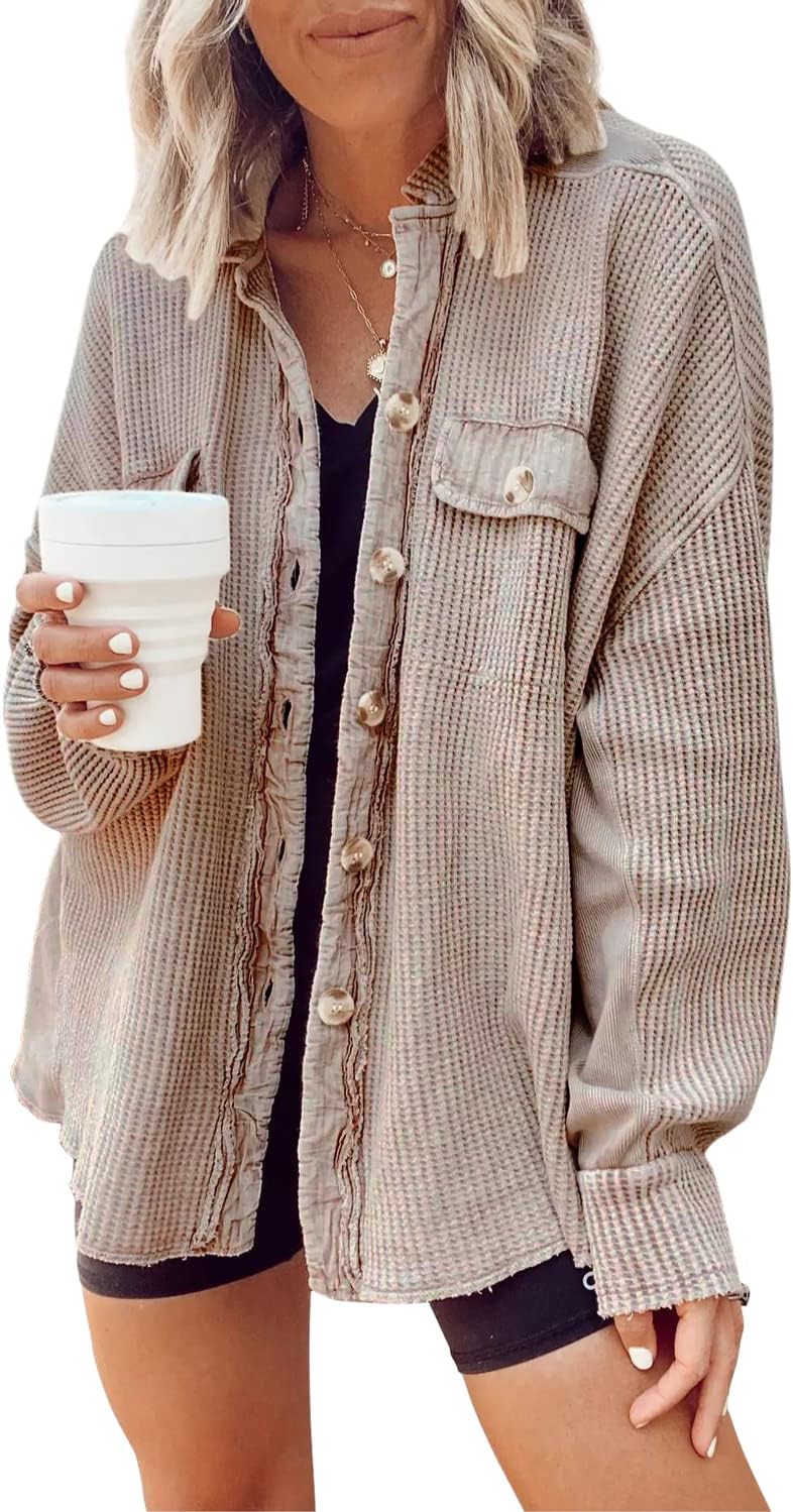 ✨ Women's Oversized Waffle Knit Shacket 🧶 – Batwing Sleeve Button Down Casual Shirt Jacket 🍂🤎