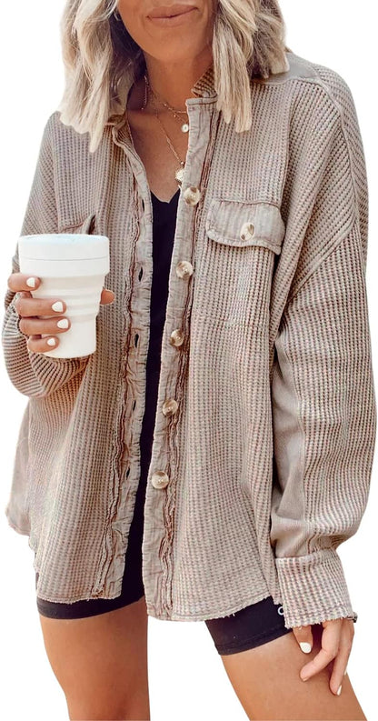 ✨ Women's Oversized Waffle Knit Shacket 🧶 – Batwing Sleeve Button Down Casual Shirt Jacket 🍂🤎