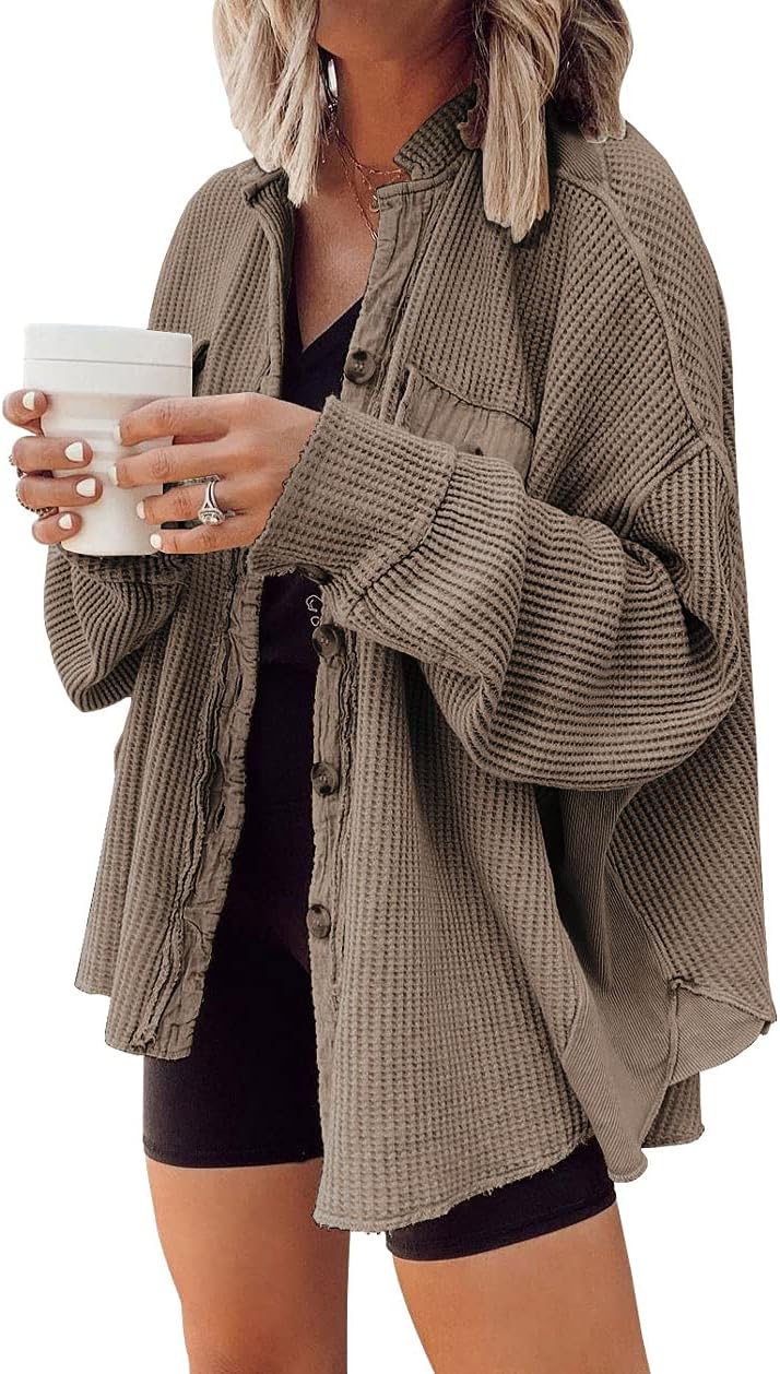 ✨ Women's Oversized Waffle Knit Shacket 🧶 – Batwing Sleeve Button Down Casual Shirt Jacket 🍂🤎