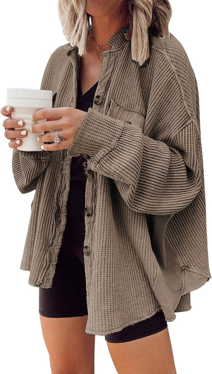 ✨ Women's Oversized Waffle Knit Shacket 🧶 – Batwing Sleeve Button Down Casual Shirt Jacket 🍂🤎