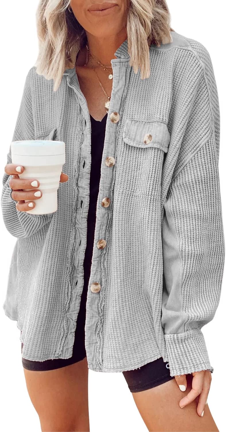✨ Women's Oversized Waffle Knit Shacket 🧶 – Batwing Sleeve Button Down Casual Shirt Jacket 🍂🤎