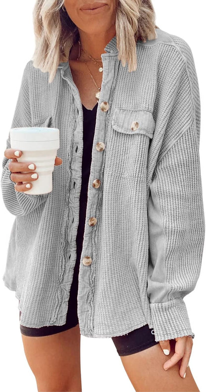 ✨ Women's Oversized Waffle Knit Shacket 🧶 – Batwing Sleeve Button Down Casual Shirt Jacket 🍂🤎