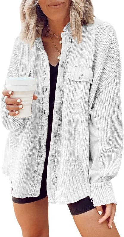 ✨ Women's Oversized Waffle Knit Shacket 🧶 – Batwing Sleeve Button Down Casual Shirt Jacket 🍂🤎