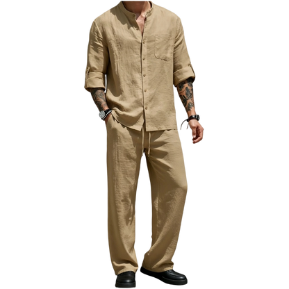 Men's Linen Stand Collar Long Sleeve Button Shirt & Straight Leg Belted Pants Set
