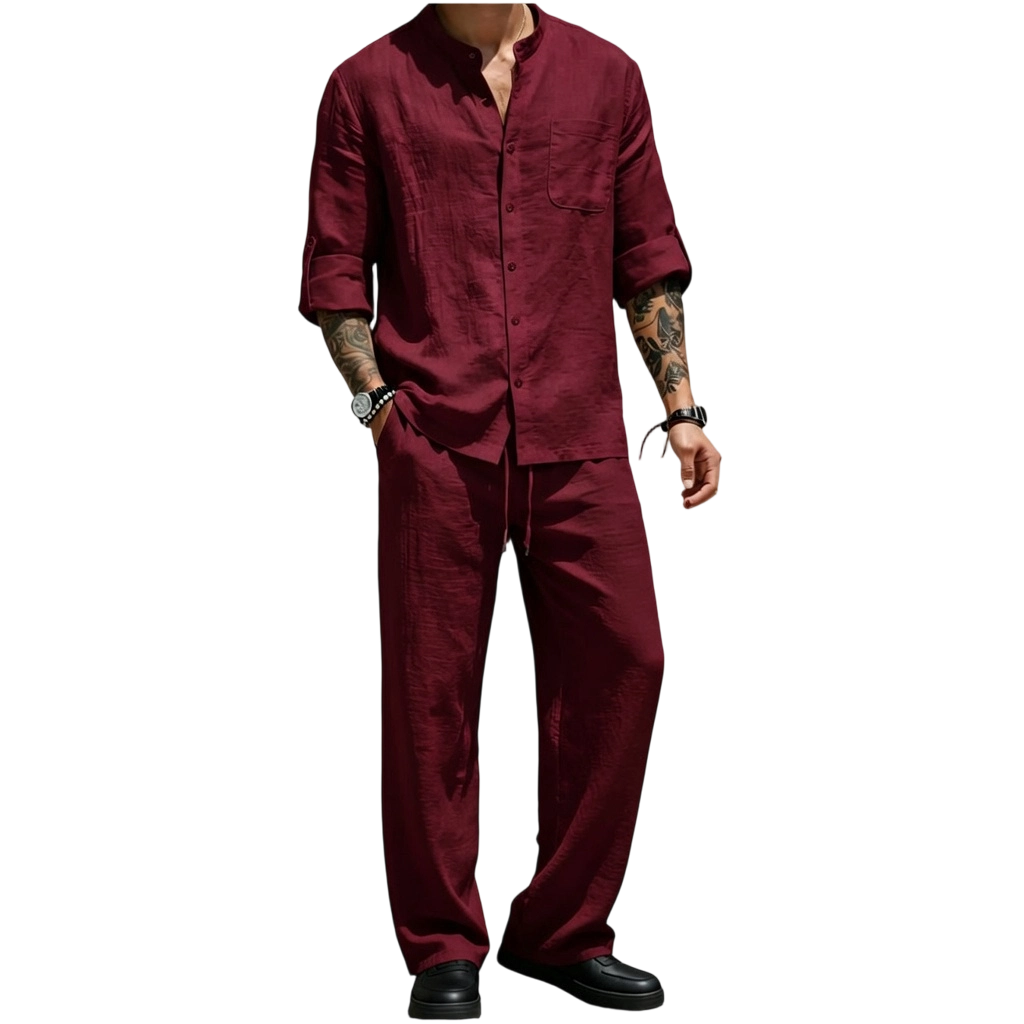 Men's Linen Stand Collar Long Sleeve Button Shirt & Straight Leg Belted Pants Set