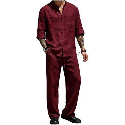 Men's Linen Stand Collar Long Sleeve Button Shirt & Straight Leg Belted Pants Set
