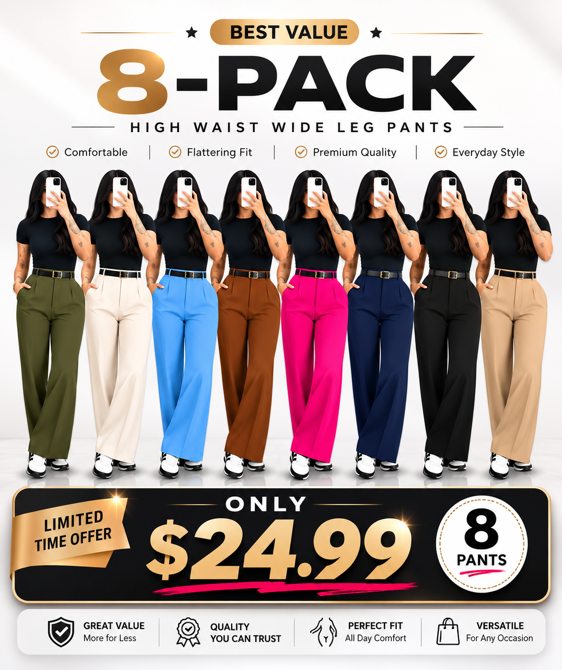 Women's High Waisted Straight Leg Suit Pants Flowy Drape Casual Office Long Trousers with Slimming Effect for Daily Versatile Wear